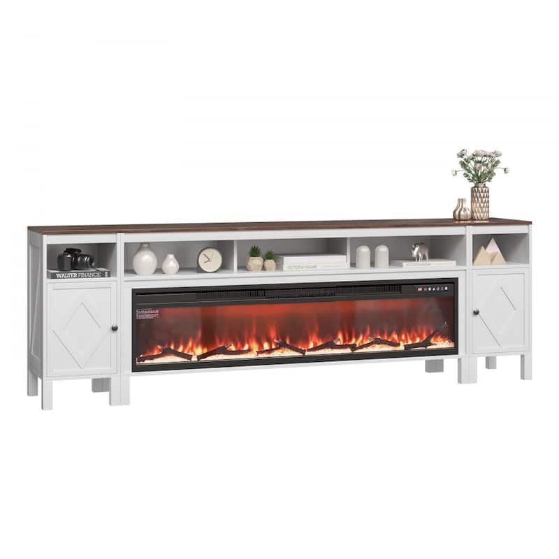 60-Inch Electric Fireplace TV Stand in White for Large TVs Adjustable Heat and Flame Settings - 60.79” x 6.3” x 13.98”