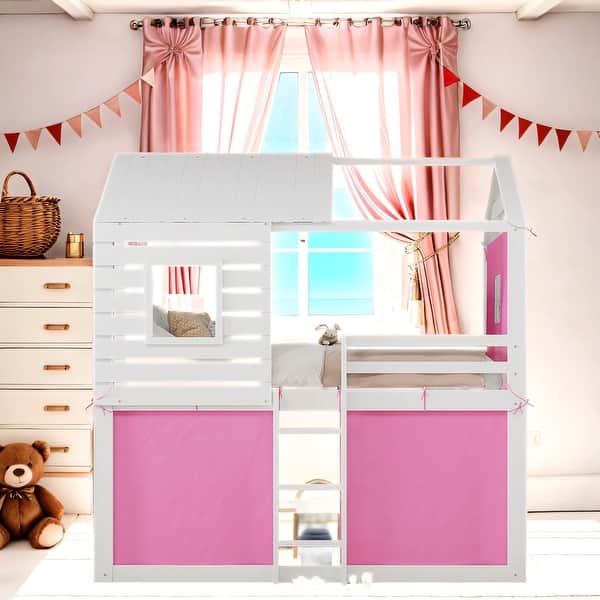 slide 2 of 24, Twin Size Wood Bunk Bed With Tent And Ladder For Children, Twin Size Wood Tent Loft Bed Pink