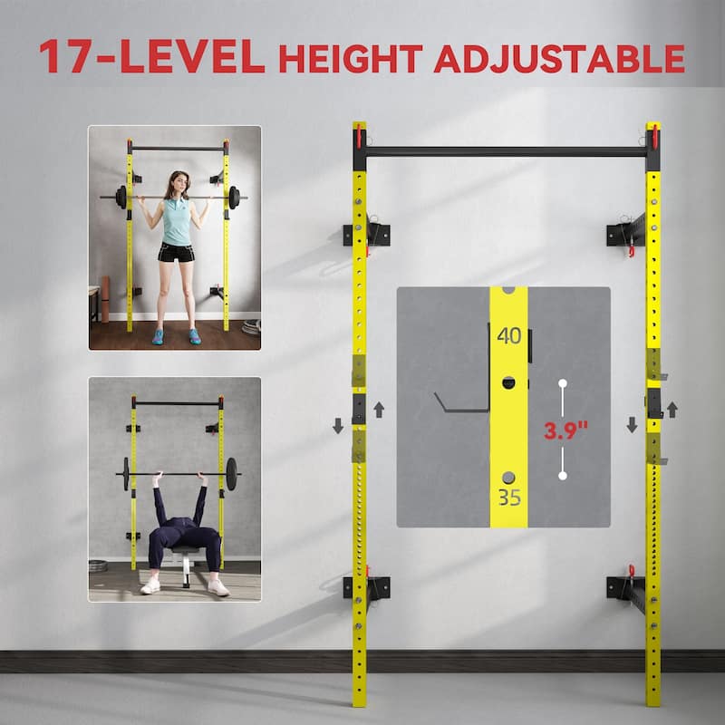 Space-Saving Folding Squat Rack with Pull-Up Bar for Heavy Lifting - 48" L x 23.6" W x 89.8" H