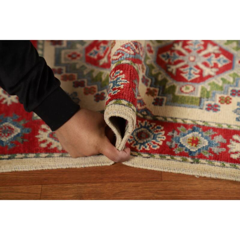 Ivory & Red Geometric Kazak Oriental Foyer Rug Handmade Wool Carpet - 2'0"x 3'0"