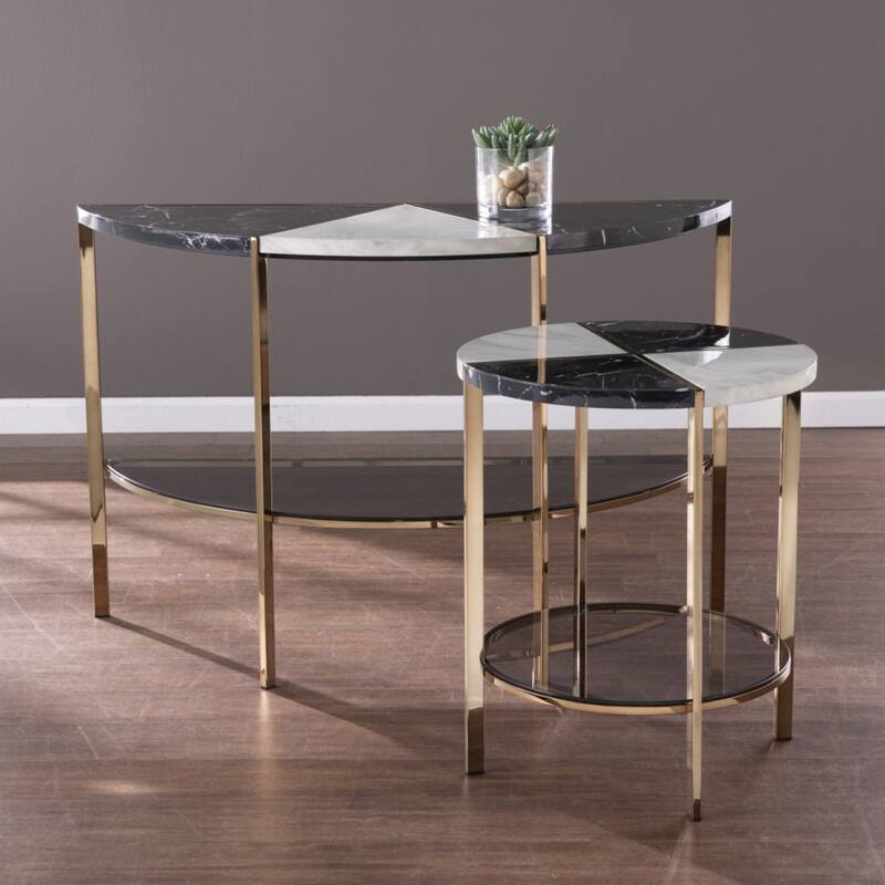 24" Tall Black Round End Table with Two Shelves and Gold Legs for Living Room or Bedroom - 24" H x 20.25" W x 20.25" D