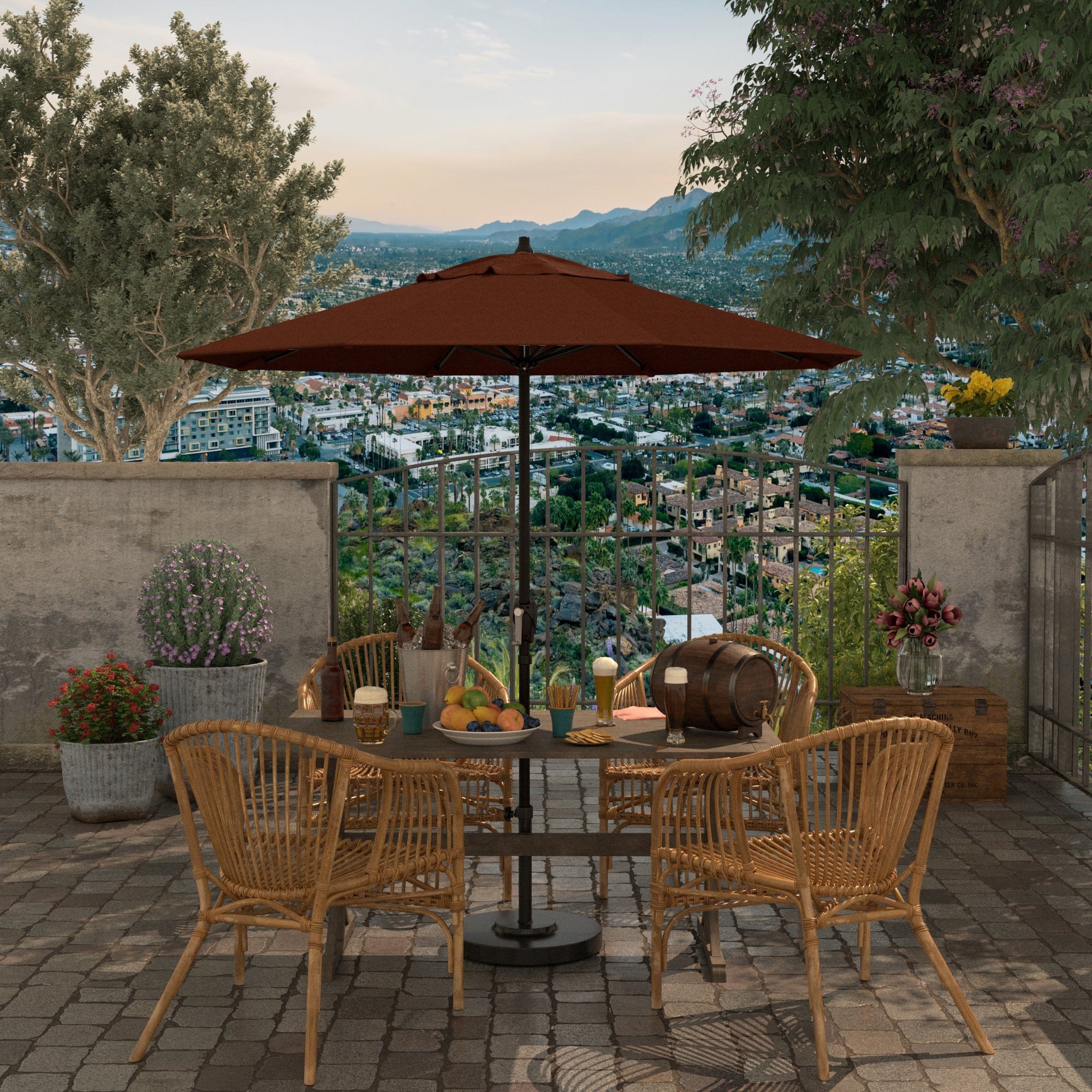 7.5 patio umbrella terra cotta Tilt | Auto-Tilt, RGB LED Lighting, Wind Resistant | Commercial Grade | Sunbrella Canvas Tuscan premium solution dyed acrylic Sunbrella fabric provides UV and water resistant shade beneath its 7.5 California Umbrella 7.5' Round Market