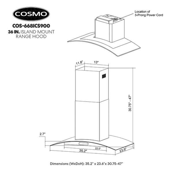 Cosmo 36 in. Ductless Island Range Hood in Stainless Steel with Carbon