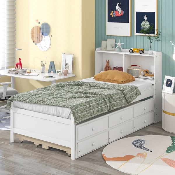 slide 2 of 9, Twin Size Platform Bed with 3 Storage Drawers, Multi-Functional Wood Twin Bedframe with Bedside Bookcase & Twin Size Trundle Bed White - Twin