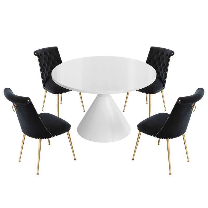 48" Light Luxury White High Gloss Large Countertop Dining Table with Velvet Dining Chair Set - Black