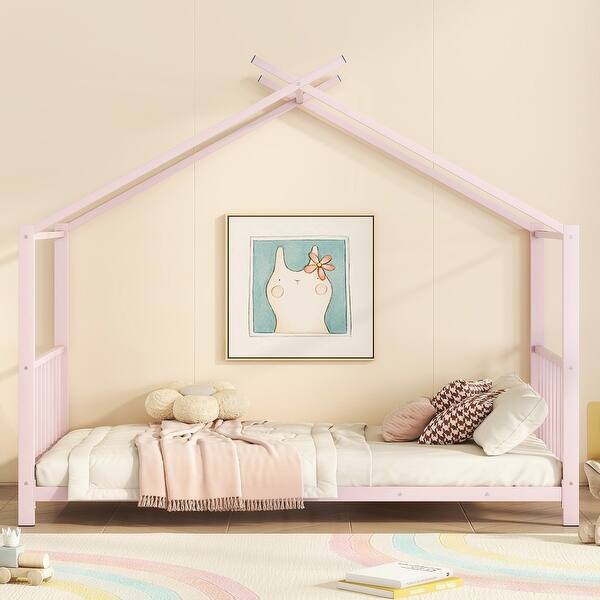 slide 2 of 7, Twin Size Metal House Platform Bed Frame with Roof for Kids, Pink Pink - Twin