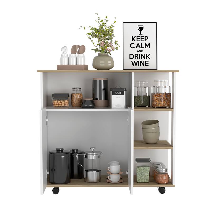 Compact Kitchen Island Kamkacht, Light Oak / White, 1 Cabinet, 4 Shelves, Locking Casters for Stability