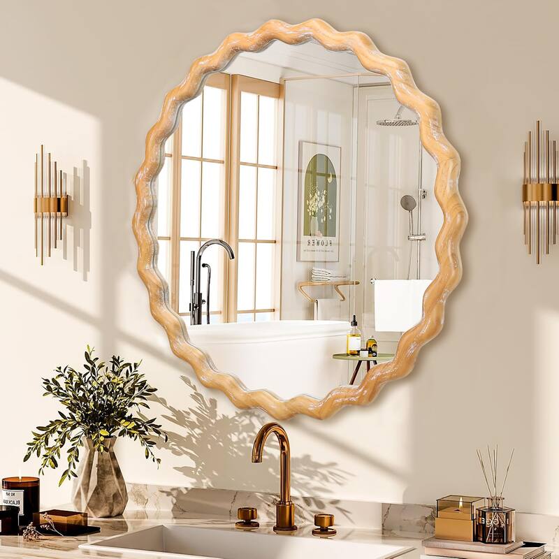 GDF Studio - Elara Wavy Round Wooden Farmhouse Wall Mirror