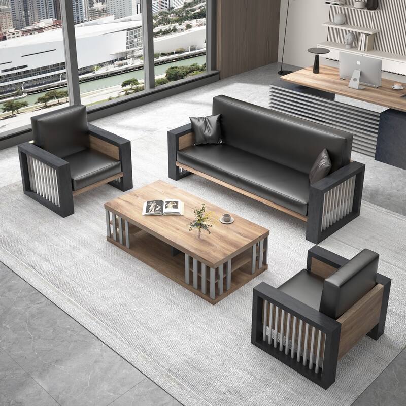 WESOME 3 Piece FU Leather Sofa Set with Coffee Table - 3-Set Sofa & 2 Single Sofa