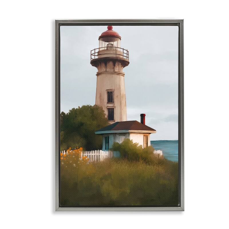 Stupell Scenic Summer Lighthouse View Framed Floater Canvas Wall Art Design By Elizabeth Medley - 17 x 25 - Grey
