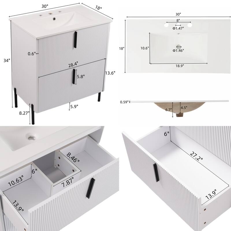 30" Bathroom Vanity with Ceramic Sink, Full-Extension Drawers, Soft-Close Undermount Slides and Fluted Design
