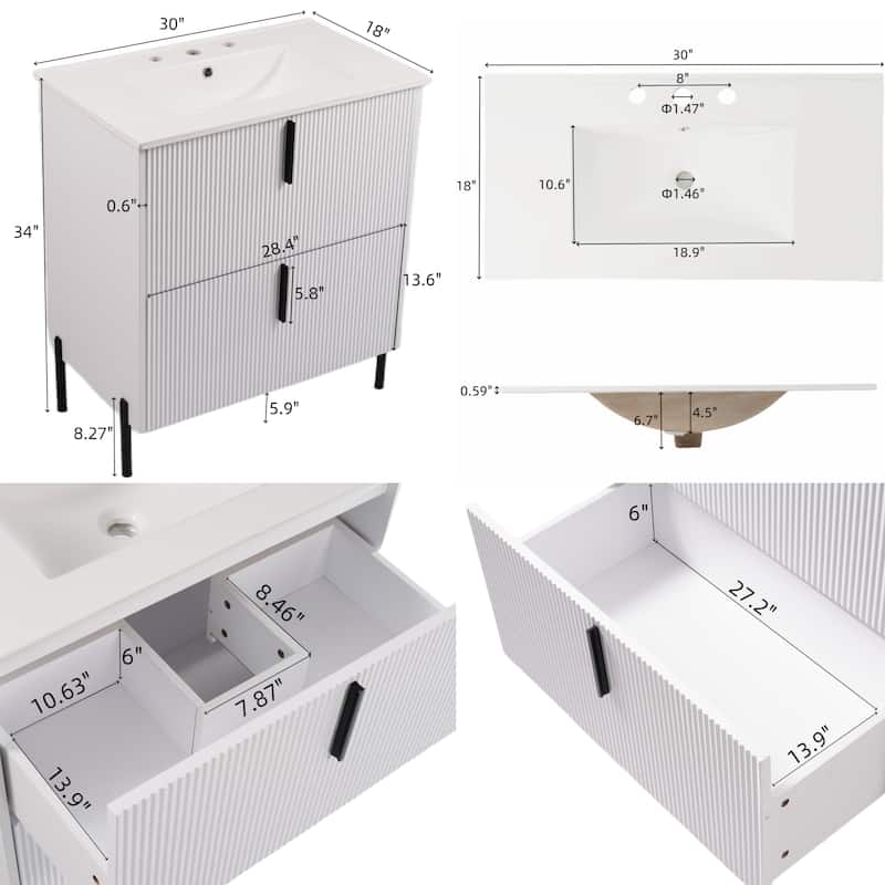Fluted Bathroom Vanity with Ceramic Sink, Freestanding Bathroom Storage Cabinet, Bathroom Vanities with Full-Extension Drawers