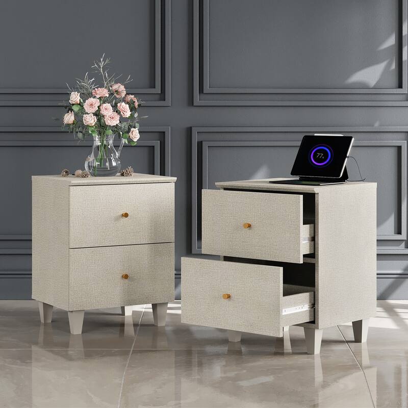 WAMPAT End Table with Charging Station and 2 Drawer for Living Room - 2 PCS - Beige Faux Linen