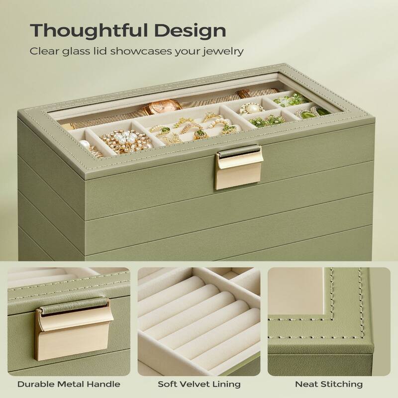Multi-Layer Jewelry Storage Box with Stackable Trays and Soft Velvet Interior Protection and Glass Lid