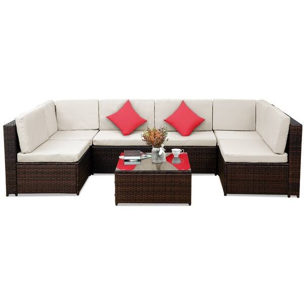 Merax 6 Piece Wicker Sofa Outdoor Patio Rattan Furniture Set Garden And Poolside Sectional Corner Sofa With One Table And Two Benches For Backyard Patio Lawn Garden Patio Furniture Accessories