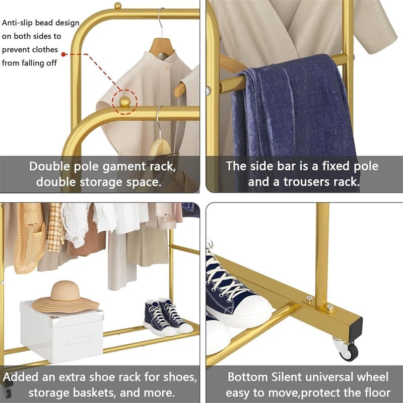 Double Rods Clothing Rack with Wheels - 17.32"D x 44.09"W x 52.36"H