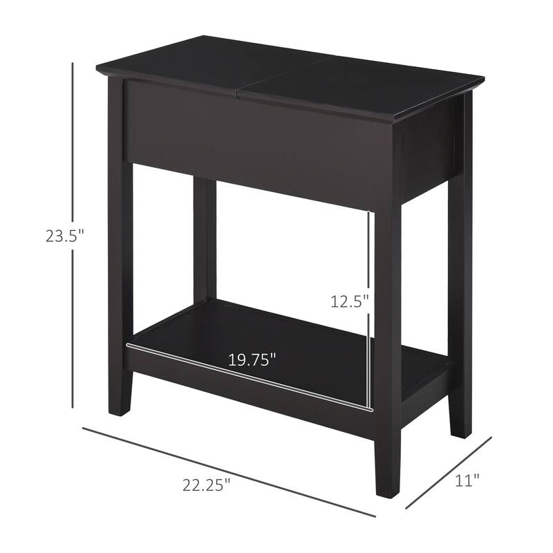 Narrow Side Table with Flip Top with Bottom Shelf, Dark Coffee