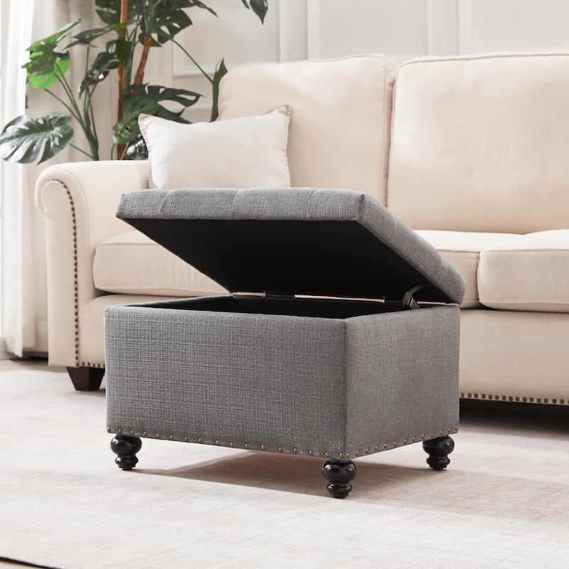 Tufted Storage Ottoman Bench, Rectangular Footstool - Grey