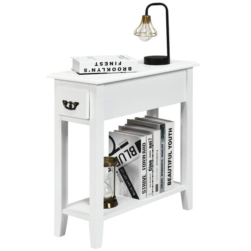 Gymax 2 Tier End Bedside Sofa Side Table Narrow Nightstand w/Drawer - White - 1-drawer