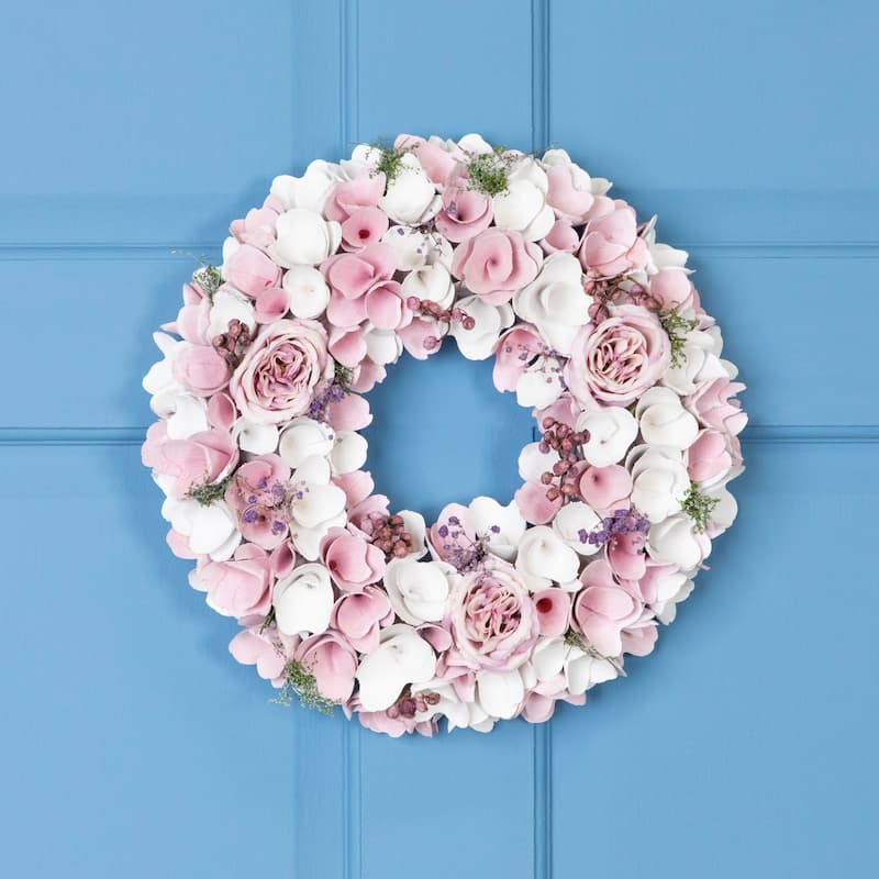 Wooden Floral Artificial Spring Wreath with Berries - 13.5" - Pink and White