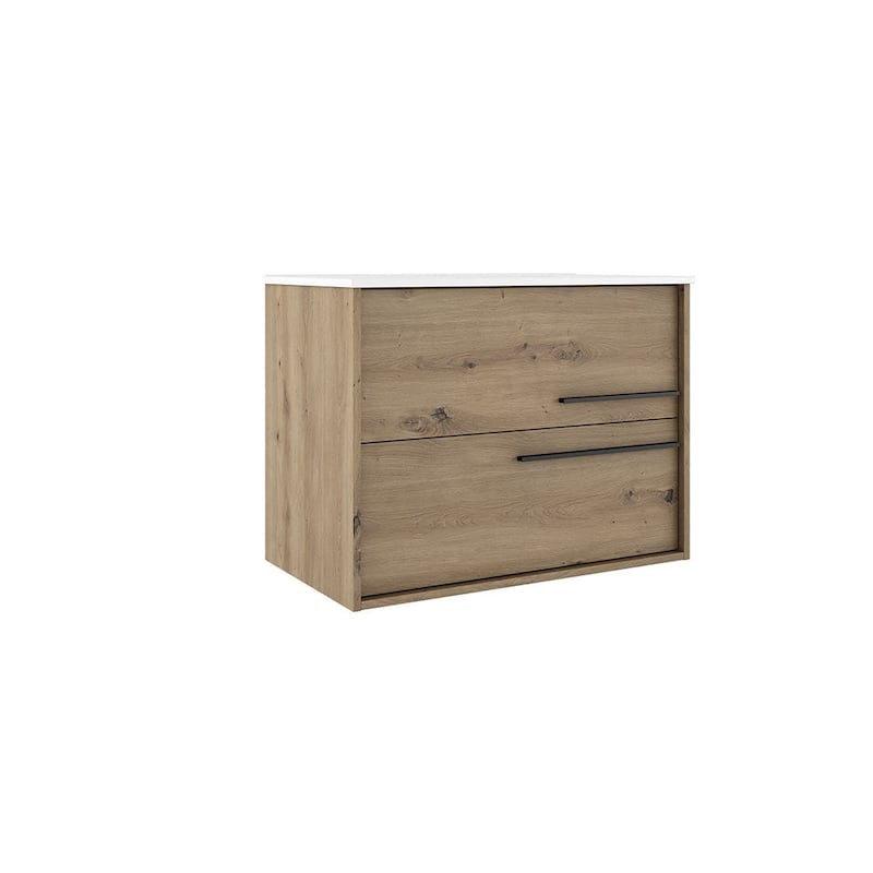 HomeRoots 32" Natural Wood Floating Bathroom Vanity With White Sink And Two Drawers - 32.00 in. x 24.60 in. x 21.60 in.