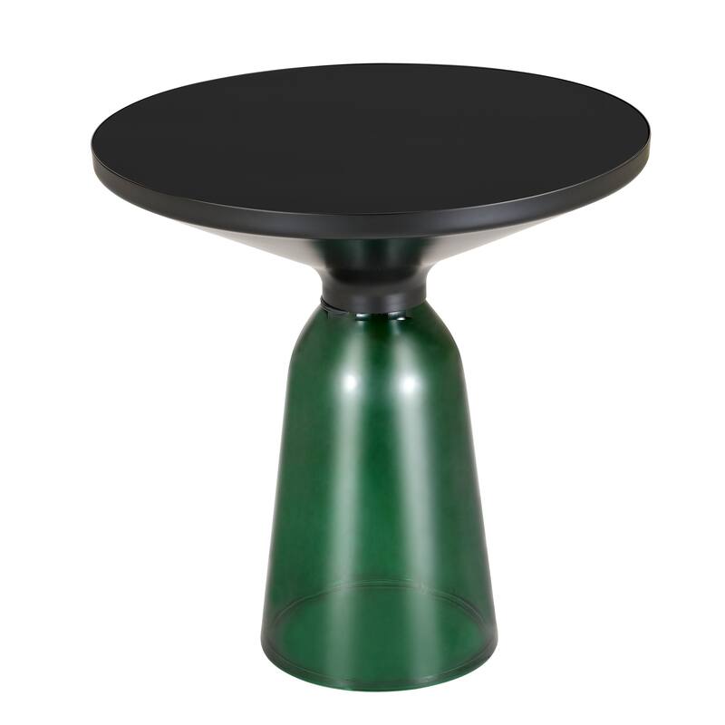19-Inch Side Table Round Glass/Stone Tabletop End Table with Black Iron Rim and Glass Base - Green/Black Glass