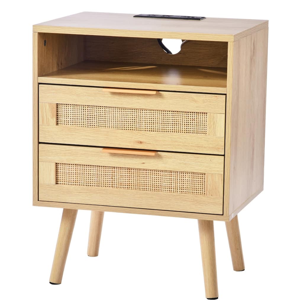Natural Rattan 2 Drawers Nightstand End Table with Open Shelf and Power Outlet