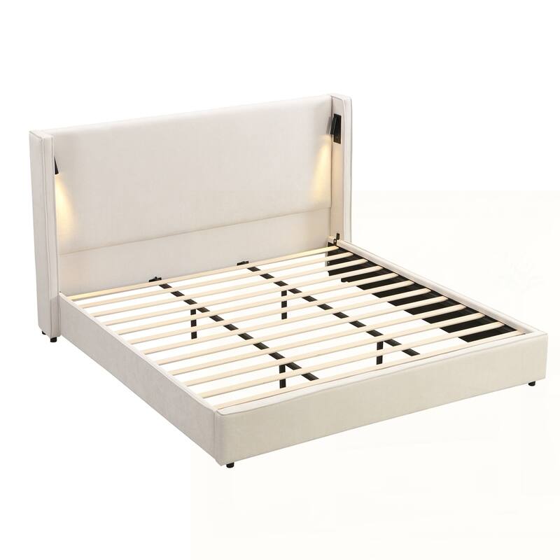 Upholstered Bed Frame with Reading Lamp and USB port