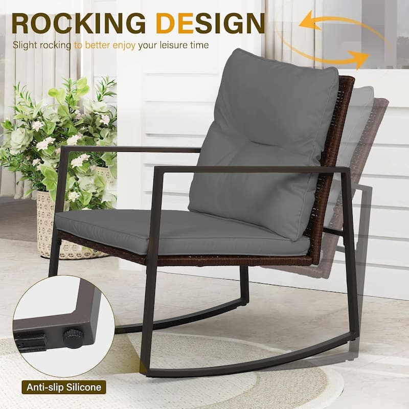 SUNCROWN 3-piece Outdoor Patio Brown/Black Wicker Rocking Chairs Conversation Bistro Set