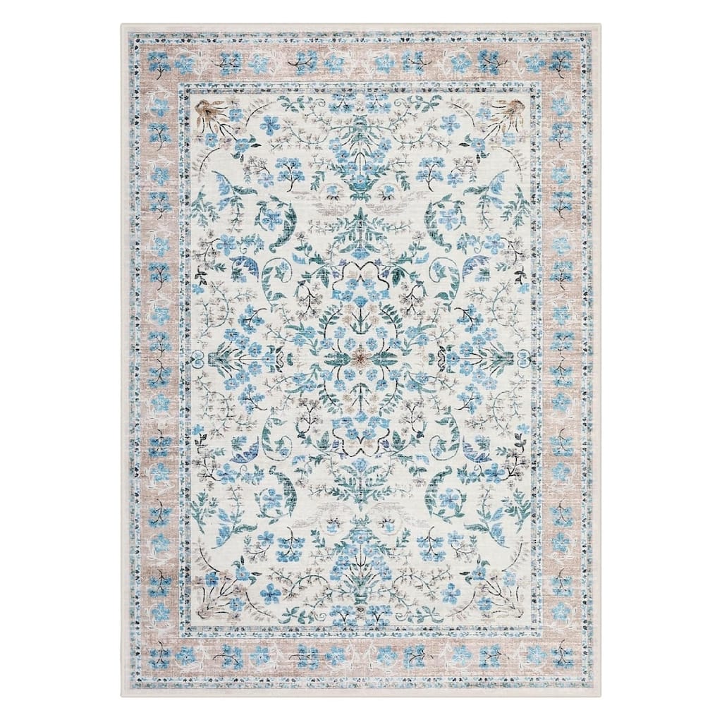 Washable Area Rug, Boho Floral Soft Rugs for Living Room, Non Slip Low Pile Carpet for Bedroom, Dining Room, Nursery