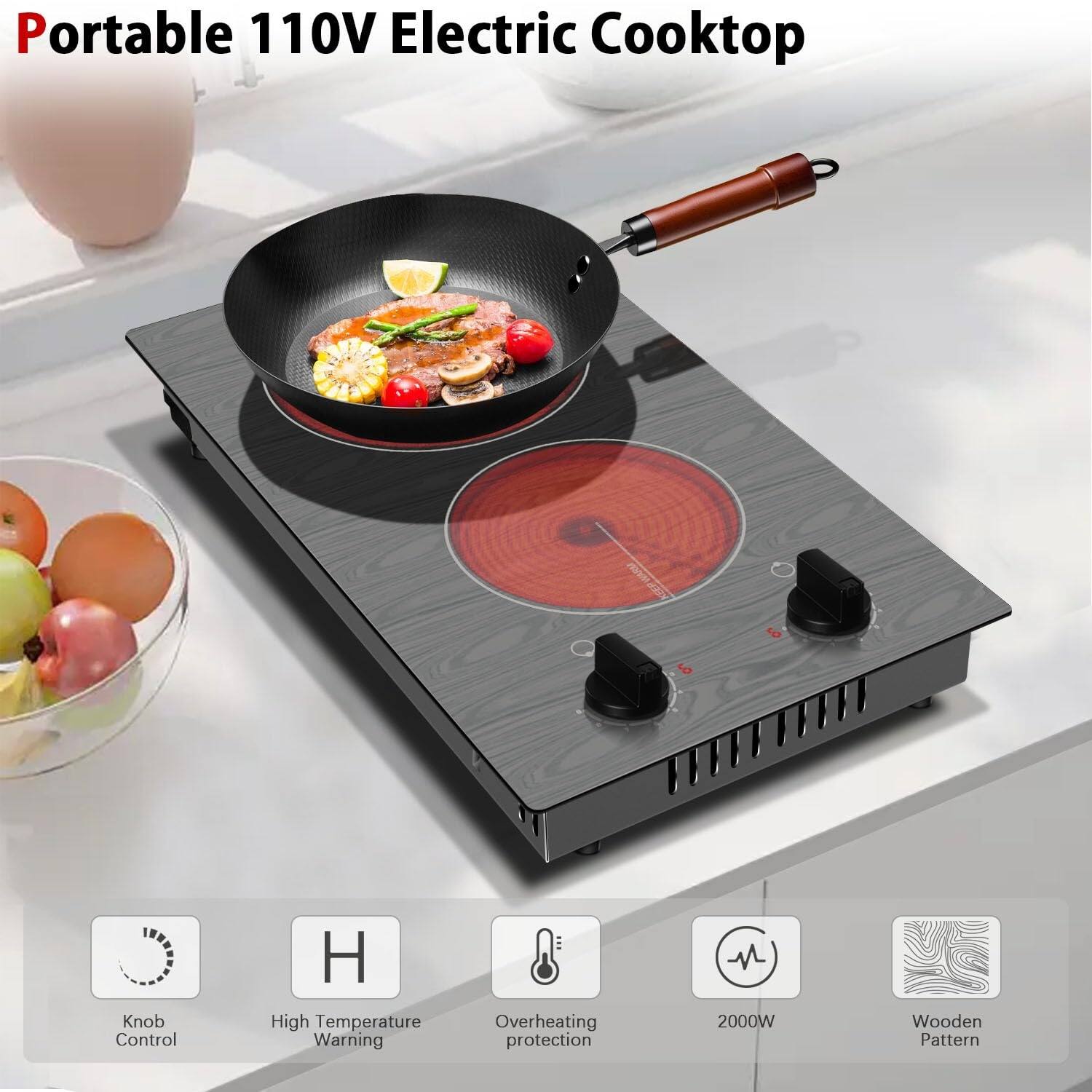 Electric Cooktop 2 Burners, 110v Portable Electric Stove Top with Knob