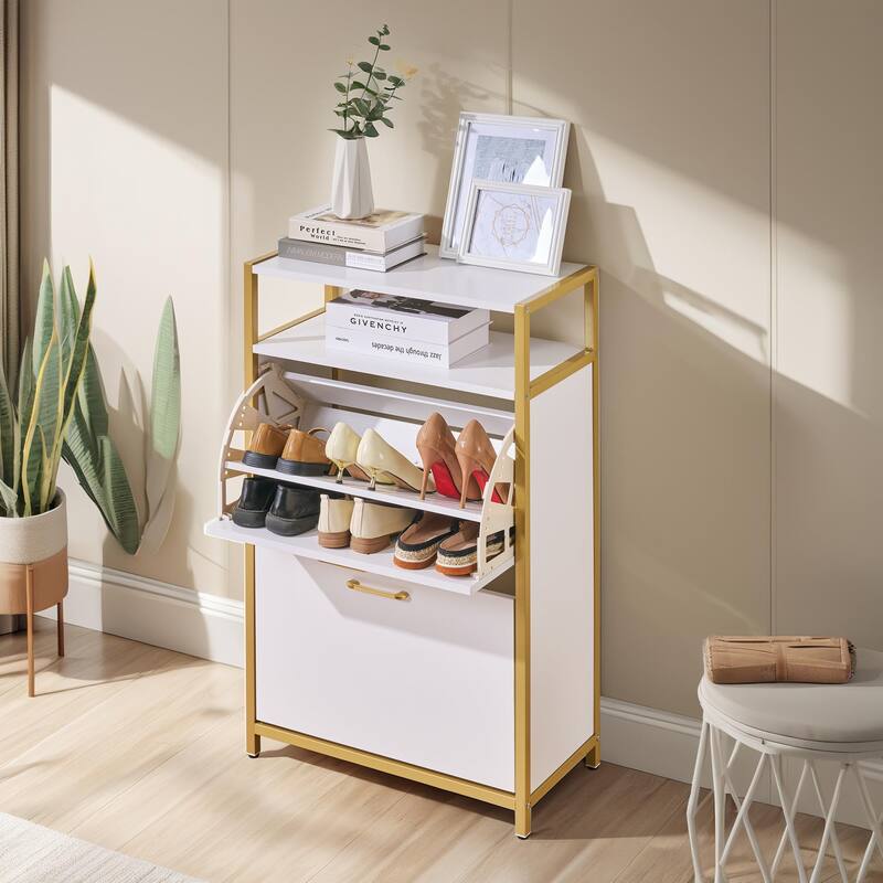 Javlergo Shoe Cabinet with 2 Flip Drawers, Freestanding Shoe Storage Organizer with Metal Legs for Entryway - White