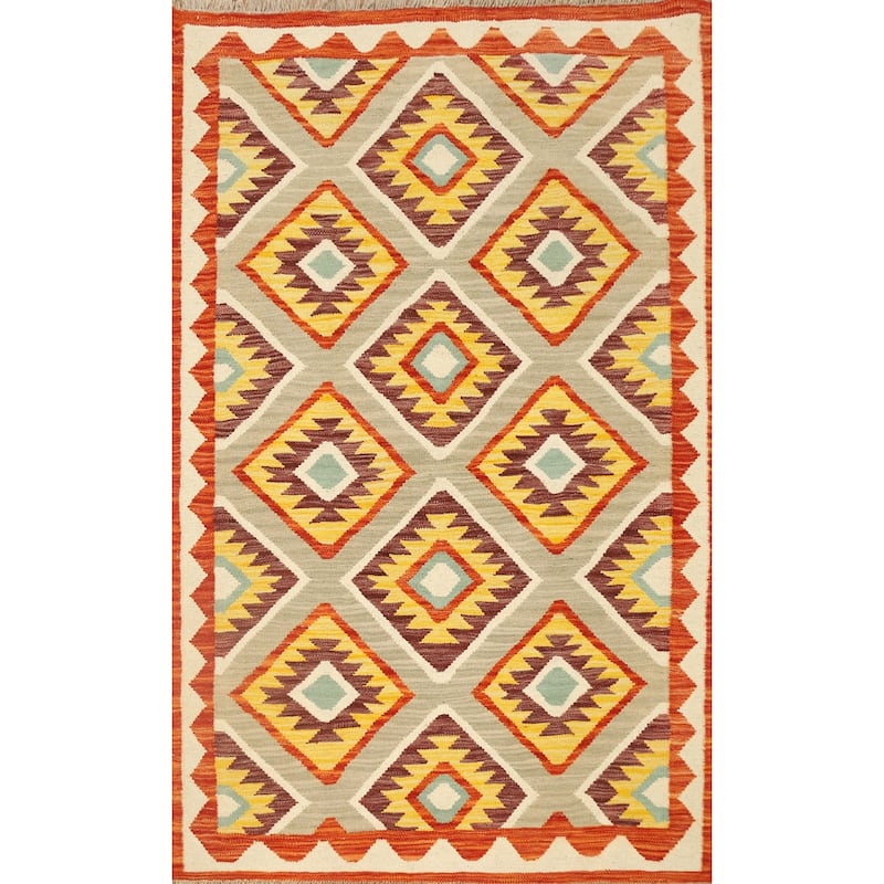 Hand Woven Oriental 100% Wool Carpet Southwestern Geometric Multi-Colored Kilim Area Rug - 5' 1'' X 3' 5''