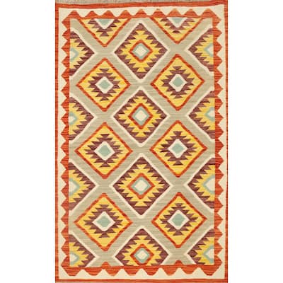 Hand Woven Oriental 100% Wool Carpet Southwestern Geometric Multi-Colored Kilim Area Rug - 5' 1'' X 3' 5''