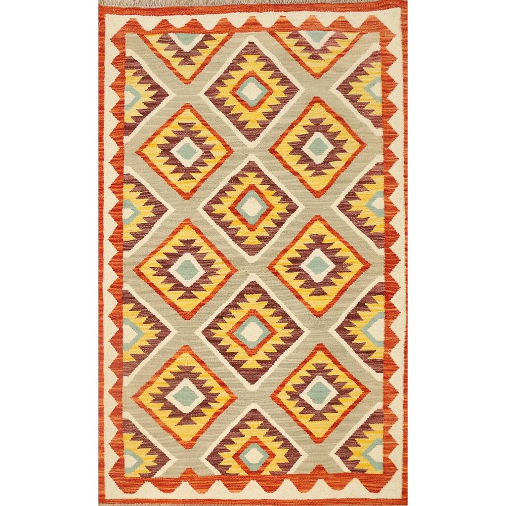 Hand Woven Oriental 100% Wool Carpet Southwestern Geometric Multi-Colored Kilim Area Rug - 5' 1'' X 3' 5''