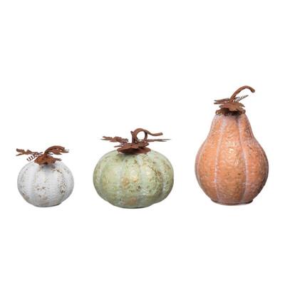 Transpac Metal 13.25 in. Multicolor Autumn Vibrant Brushed Pumpkin Set of 3 - White/Green/Orange