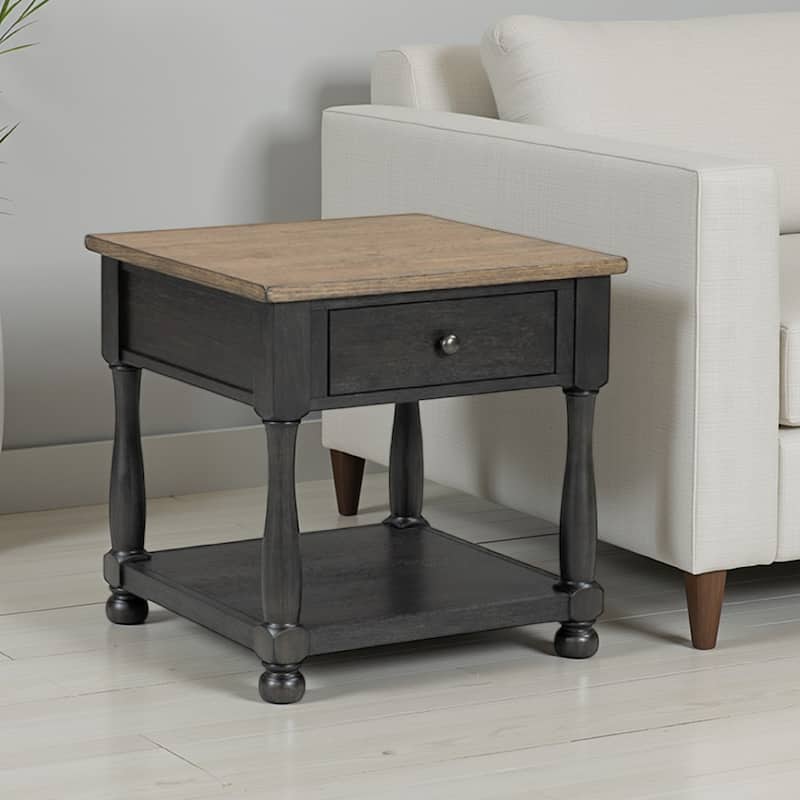 Ginie End Table, 1 Drawer, Black Brown Solid Rubberwood, 24 Inch