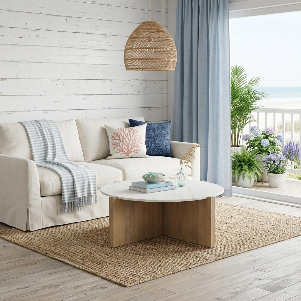 HomeRoots 48" White and Brown Marble and Solid Wood Round Coffee Table - 48.00 in. x 16.00 in. x 48.00 in.