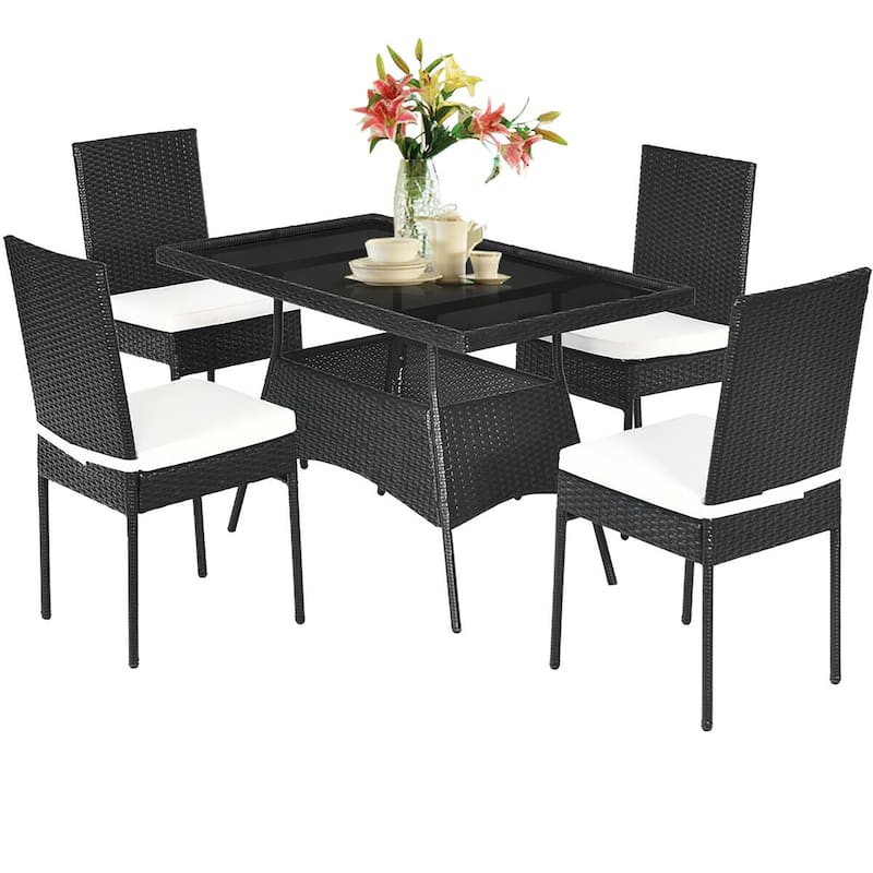 Costway 5PCS Patio Rattan Dining Set Table w/Glass Top Garden - See Details