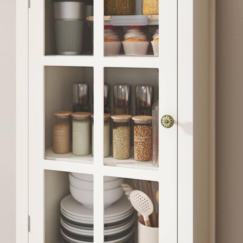 Buffet Cabinet with Glass Doors & 2 Drawers, Multi-Functional Wooden Storage Cabinet, Accent Cabinet with Solid Wood Legs