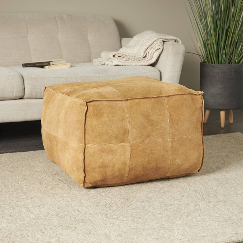 Leather Low Profile Square Pouf with Patchwork Design - Brown, Gray or Dark Brown- Roche River Decor
