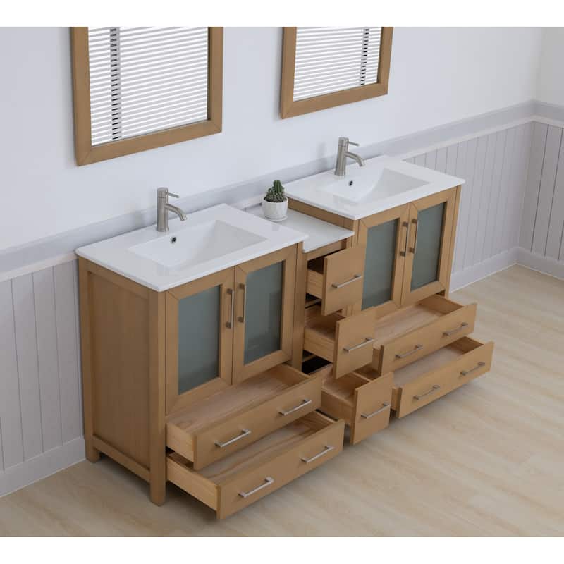 Vanity Art 72" Double Sink Bathroom Vanity Set 7 Dove-Tailed Drawers, 2 Cabinets, 2 Shelves, Soft-Closing Doors with Free Mirror