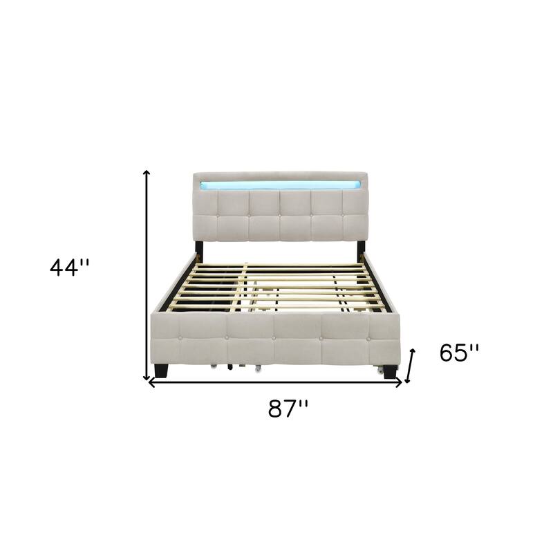 HomeRoots Beige Tufted Upholstered Lighted Queen Bed Frame With Trundle And USB And Drawers