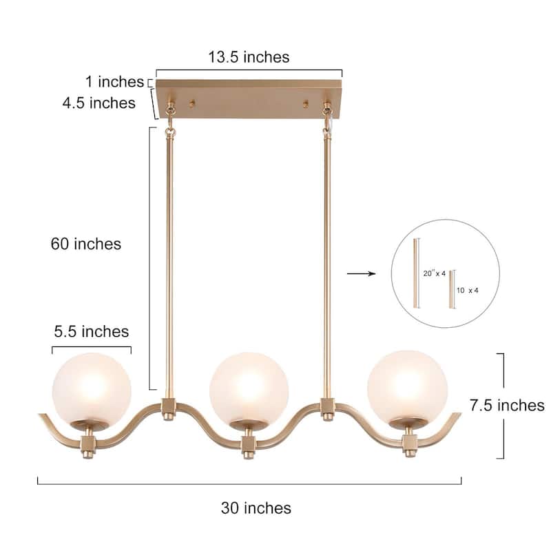 Mid-Century Modern 3-Light Gold Chandelier Linear Frosted Glass Island Lights for Dining Room - L30"x W5.5"x H 7.5"