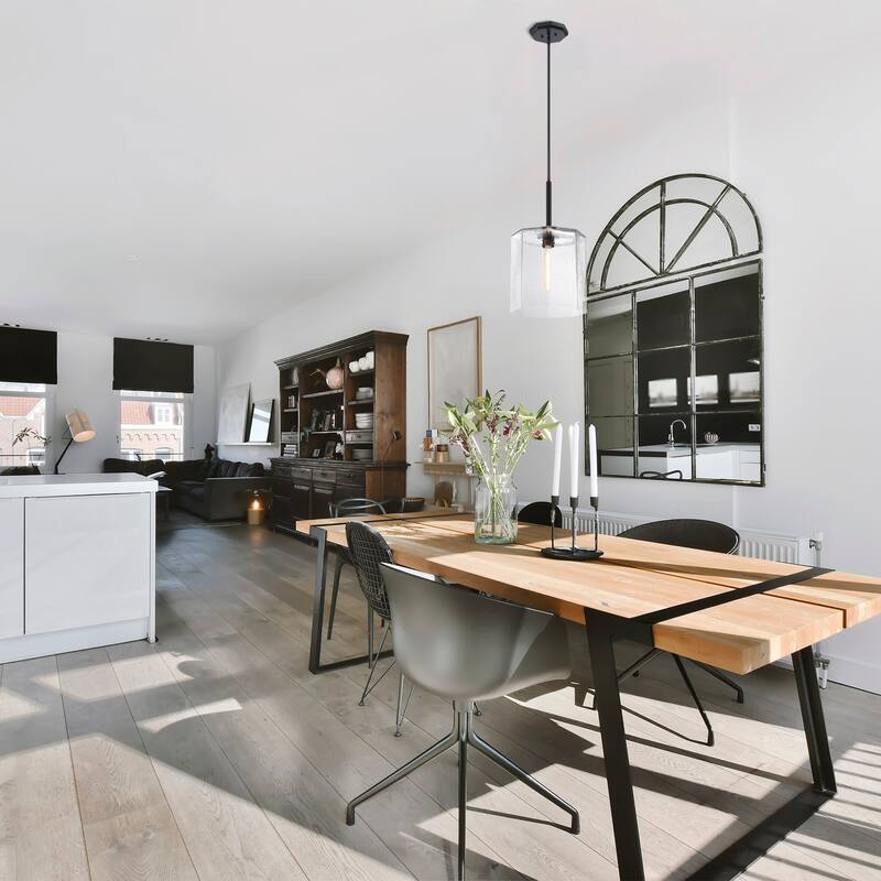 Haven 60 Watt 1-Light Matte Black Geometric Pendant Light with Clear Rippled Glass Shade - 25.75