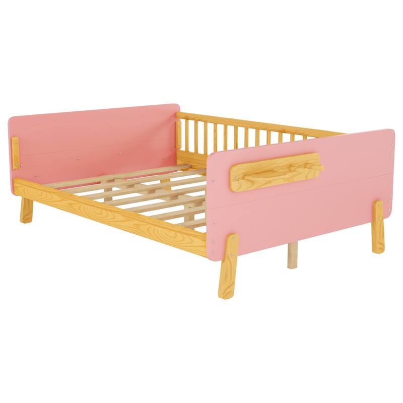 Kids Wood Platform Bed with Guardrails, Bottle Holder and 2 Hanging Rod, Convertible Toddler Daybed, Low Profile Design Frame