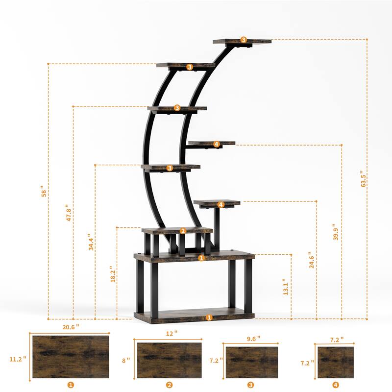 9-Tier Indoor Curved Design Plant Stand with Grow Lights Black Metal Frame and Particleboard Shelves - 20.6”L x 11.2”W x 63.5”H