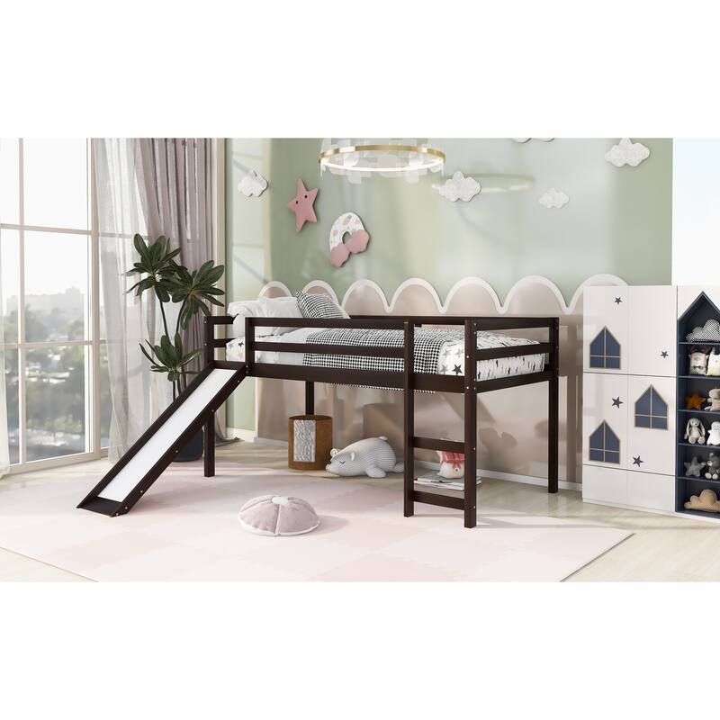 Espresso Twin Solid Wood Loft Bed with Ladder and Safety Fence for Kids