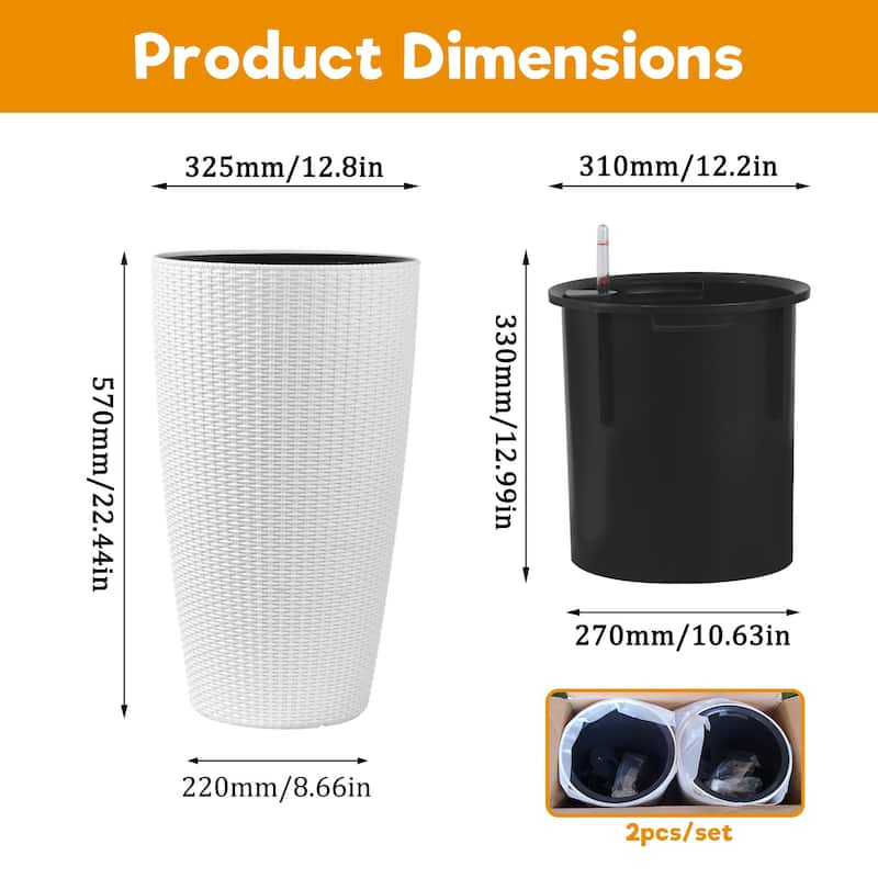 Set of 2 Tall Planters Large Planters with Water Level Monitor Inner Bucket, Automatic Watering, Flower Plant Pots( 22 inch )