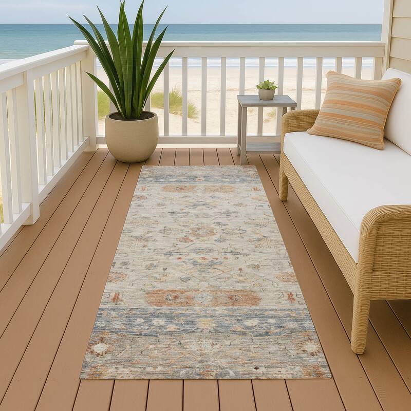 Machine Washable Indoor/ Outdoor Traditional Border Chantille Rug - Beige - 2'3" x 7'6"